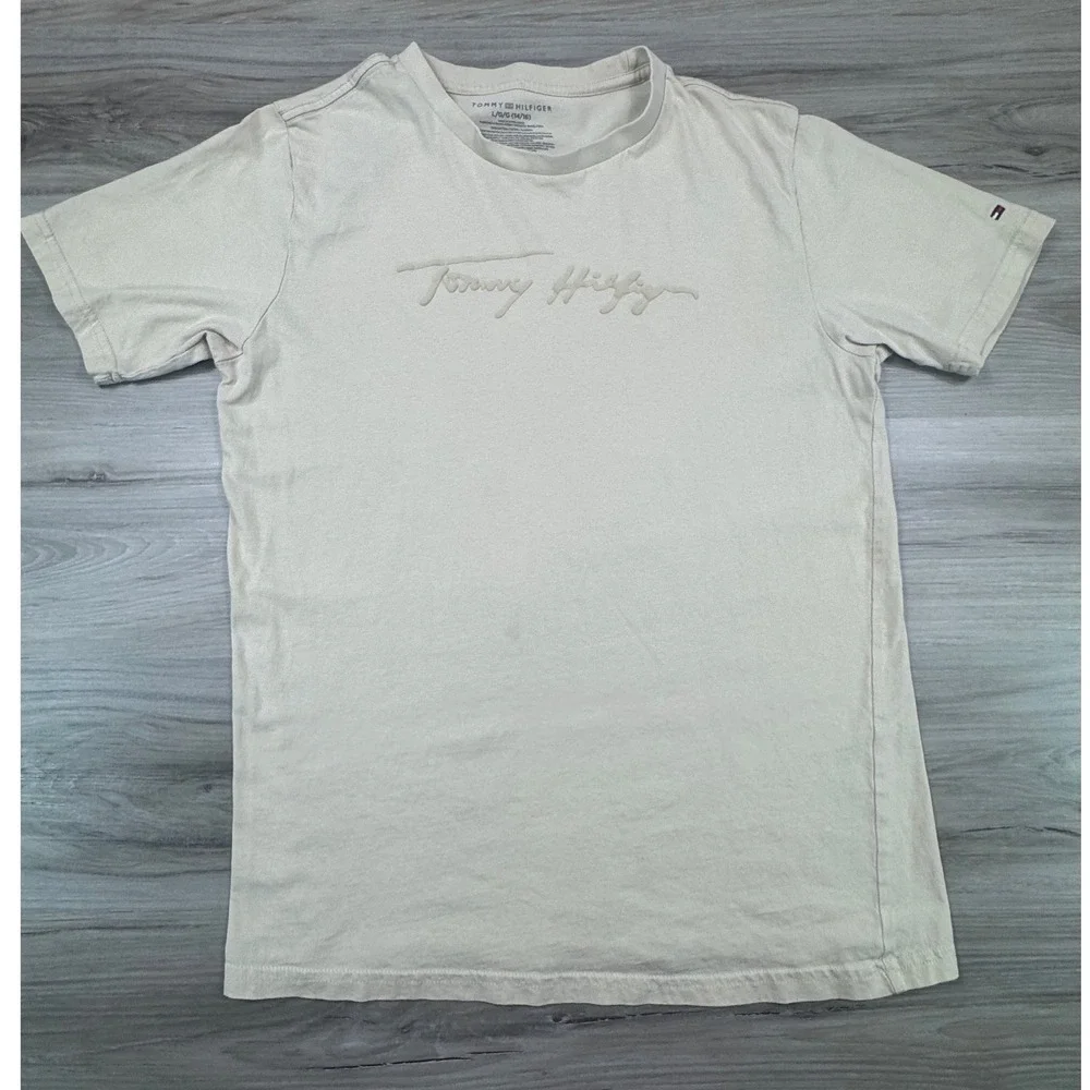 Tommy Hilfiger Boys‎ Tan Beige 3D Puff Script Logo T-Shirt Size L 14/16